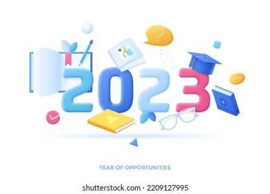 Infographic banner template with textbooks, graduation cap, glasses. Concept of 2023 as year of opportunities for academic knowledge, university degree. Modern vector illustration in pseudo 3d style.