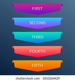 Infographic banners with 5 ribbons. Labels or tabs design with 5 options, levels or steps and space for text. Graphic elements for web, information brochure and business presentation. Vector illustrat
