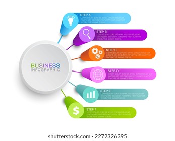 Infographic bar graph and label design with 6 steps icon. Graphic for business concept showing work production steps. workflow layout process diagrams flowcharts data graphs.