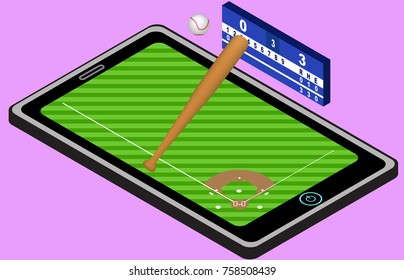 Infographic baseball playground, ball, baseball bat, and tablet. Isometric baseball image. Isolated. In vector