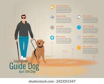Infographic of the benefits of a guide dog.dog silhouette and person walking next to him some tips with their icons.light color background.