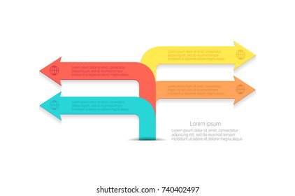 Infographic bent arrows pointing in different directions vector illustration with sample text isolated on white background, graphic indicators