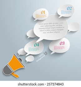 Infographic with bevel speech bubbles and magaphone on the gray background. Eps 10 vector file.