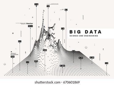 Infographic big data computing concept template. Particles digital field analytics with values visualization. Social network cloud for business posters, placards, covers and presentations.