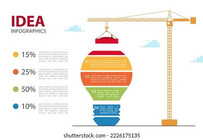 Infographic Big idea for business. 4 step chart info graphic. Color light bulb made of blocks on a white background. Concept idea or insight. Vector illustration. 