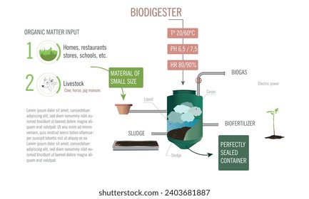 Infographic of a biodigester how it works and conditions for it.energy efficiency using organic matter.