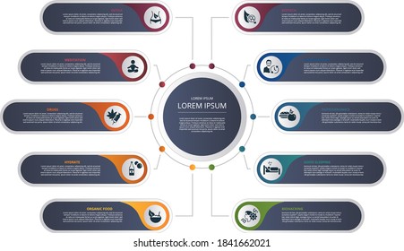 Infographic Biohacking template. Icons in different colors. Include Detox, Meditation, Drugs, Hydrate and others.