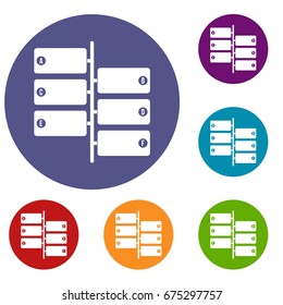 Infographic blocks on signpost icons set in flat circle red, blue and green color for web