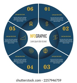 Infografik Blue Circle Template, 6 Schritte Business Data Illustration für Annual, Report, Presentation Timeline Infografik Template.