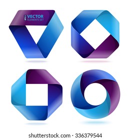 Infographic blue and purple curled paper triangle, rectangle and circle shapes on white background. RGB EPS 10 vector illustration