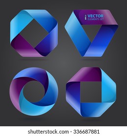 Infographic blue and purple curled paper triangle, rectangle and circle shapes on dark grey background. RGB EPS 10 vector illustration