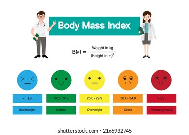 Infografía del rango de índice de masa corporal con el estado de peso desde el bajo peso hasta el extremadamente obeso con la calculadora de IMC y el médico de dibujos animados.Concepto de atención médica.Vector.Ilustración.