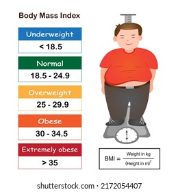 La infografía del rango de índices de masa corporal muestra el estado de peso desde bajo a extremadamente obeso con calculadora de IMC y persona obesa con dibujos animados.Concepto de atención médica.Vector.Ilustración.