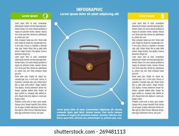 Infographic with briefcase, globe and 2 options. Vector illustration for posters, banners, web design, business documents and presentation