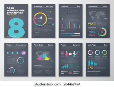 Infographic brohucres with fresh colors on a black background. Big set of modern infographic vector elements for web, print, magazine, flyer, brochure, media, marketing and advertising concepts.