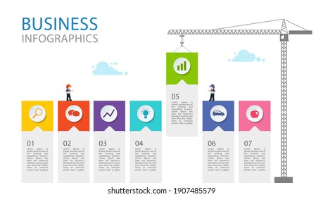 Infographic Building Business. Concept Of Business Strategy. Tower Crane Made Of Colored Blocks Builds. Vector Illustration. Template  Design Layout 7 Step.