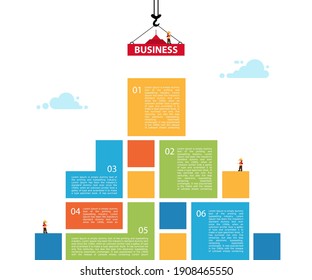 Infographic building business. concept of building success. Crane and building color block. Vector Illustration. template  design layout 6 step.