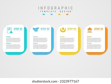 infographic business 4 step design simple template Multi-colored squares below. Icons with letters on white background on gray gradient background for planning, marketing, project, product.