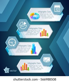 Infographic business banners with text diagrams graphs charts icons on hexagons and digital background vector illustration