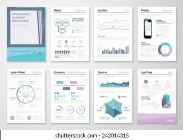 Infographic business brochures for corporate data visualization. Big set of modern infographic vector elements for web, print, magazine, flyer, brochure, media, marketing and advertising concepts.