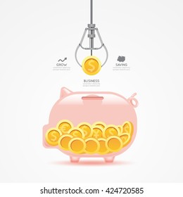 Infographic Business Claw Game With Coin Piggy Bank Template Design. Money Game Concept Vector Illustration / Graphic Or Web Design Layout.