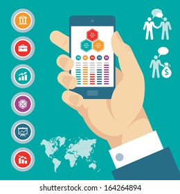 Infographic business concept banner with human hand, mobile phone and icons. Creative vector layout. Modern technology. 