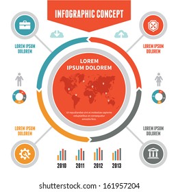 Infographic business concept banner illustration with world map and icons. Cyrcles system layout. 