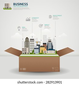 Infographic Business concept. business box with glowing city town earth globe success concept
