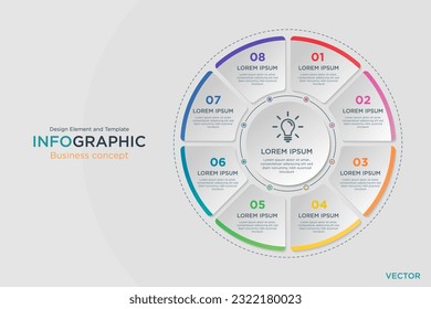 infographic business concept. Circular Text Box 8 Step Design Element and Template on Background Navy Dark Mode. In Vector