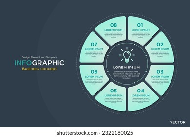 infographic business concept. Circular Text Box 8 Step Design Element and Template on Background Navy Dark Mode. In Vector