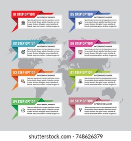 Infographic business concept - colored horizontal vector banners in origami style. Infograph creative layout with text blocks and world map on background. Graphic design elements. 