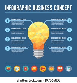 Infographic Business Concept - Creative Idea Illustration - vector yellow lamp in geometric polygonal style with icons in flat design style for presentation, booklet, website etc.