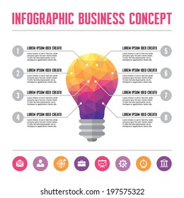 Infographic Business Concept - Creative Idea Illustration - vector lamp in geometric polygonal style with icons in flat design style for presentation, booklet, website etc.