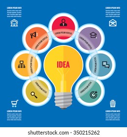 Infographic business concept - creative idea illustration - vector yellow lamp lightbulb and colored circles with icons for presentation, booklet, website etc. Design elements. 