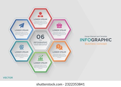 infographic business concept. Honeycomb Text Box 6 step Design Element and Template on Background Gray Light Mode. In Vector