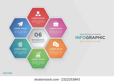 concepto de negocios de infografía. Cuadro de texto de Honeycomb 6 pasos Elemento de diseño y plantilla en modo de color gris de fondo. En vector