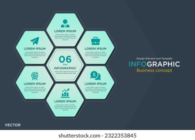 infographic business concept. Honeycomb Text Box 6 step Design Element and Template on Background Navy Dark Mode. In Vector