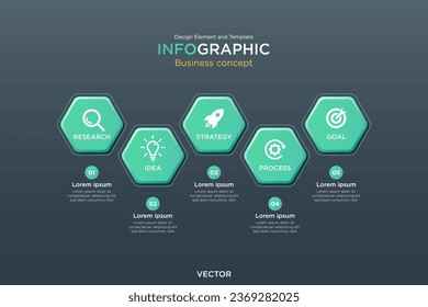 infographic business concept. Honeycomb Text Box 5 Business Steps Design Element and Template on Background Navy Dark Mode. On Vector
