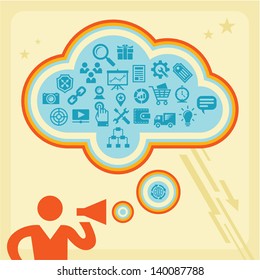 Infographic Business Concept and Icons Set. Human character with loudspeaker and cloud form. 