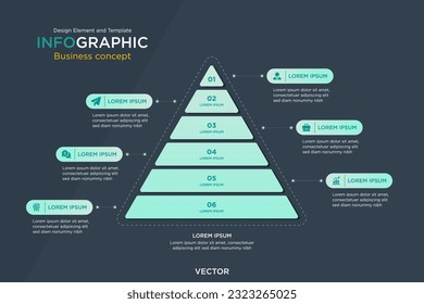 infographisches Geschäftskonzept. Pyramid Text Box 6 Step Design Element und Vorlage auf dem Hintergrund Navy Dunkel Mode. In Vektorgrafik