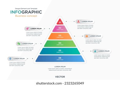 infographic business concept. Pyramid Text Box 6 Step Design Element and Template on Background Gray Color Mode. In Vector