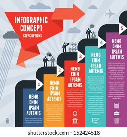 Infographic business concept with vertical banners and human character icons. Numbered step options. Arrows origami. Creative vector layout. Design elements. 