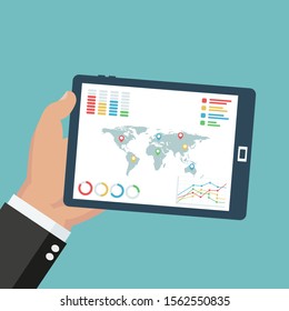 Infographic business creative vector web banner with human hands, digital tablet, world map and icons. Internet network concept layout. Vector illustration
