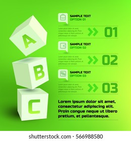 Infographic business cubes template with three white 3d squares text icons on light green background vector illustration