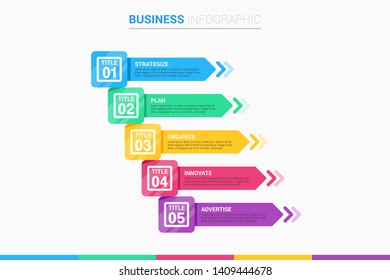Infographic business data presentation template with 5 options steps workflow layout. Can be used for workflow, diagrams, banner, annual report. Vector illustration. 