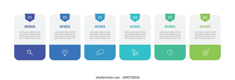 Infografía. Visualización de datos empresariales. 6 pasos de plantilla de diseño infográfico con iconos. Diagrama de procesos, flujo de trabajo, diagrama de flujo.