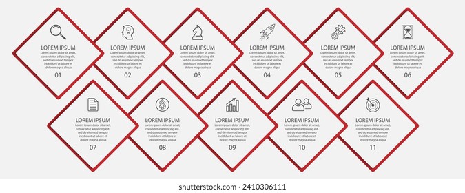 infographic business design 11 parts or steps, there are icons, text and numbers, square designs and thin colored lines that are interconnected for your diagram, banner and business workflow