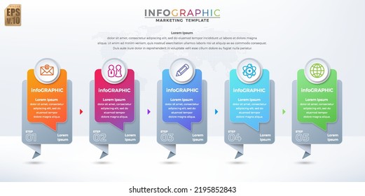 Infographic business design circle icons colorful isolated template vector. 5 options or steps on banner style. You can used for Marketing process, workflow presentations layout, flow chart, print ad.