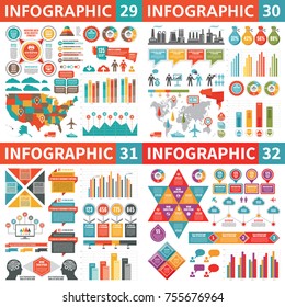 Infographic business design elements - vector illustration. Infograph template collection. World and USA maps. Industrial factory icons. Creative graphic set. 