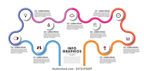 Infographic business design template. Timeline concept with 9 steps. Design presentations, workflow layouts, and diagrams.